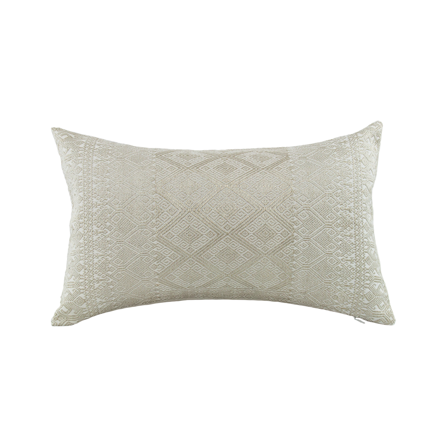 Silver Metallic Thread Diamond Brocade Chiapas Cushion, featuring a cotton base in beige, small size