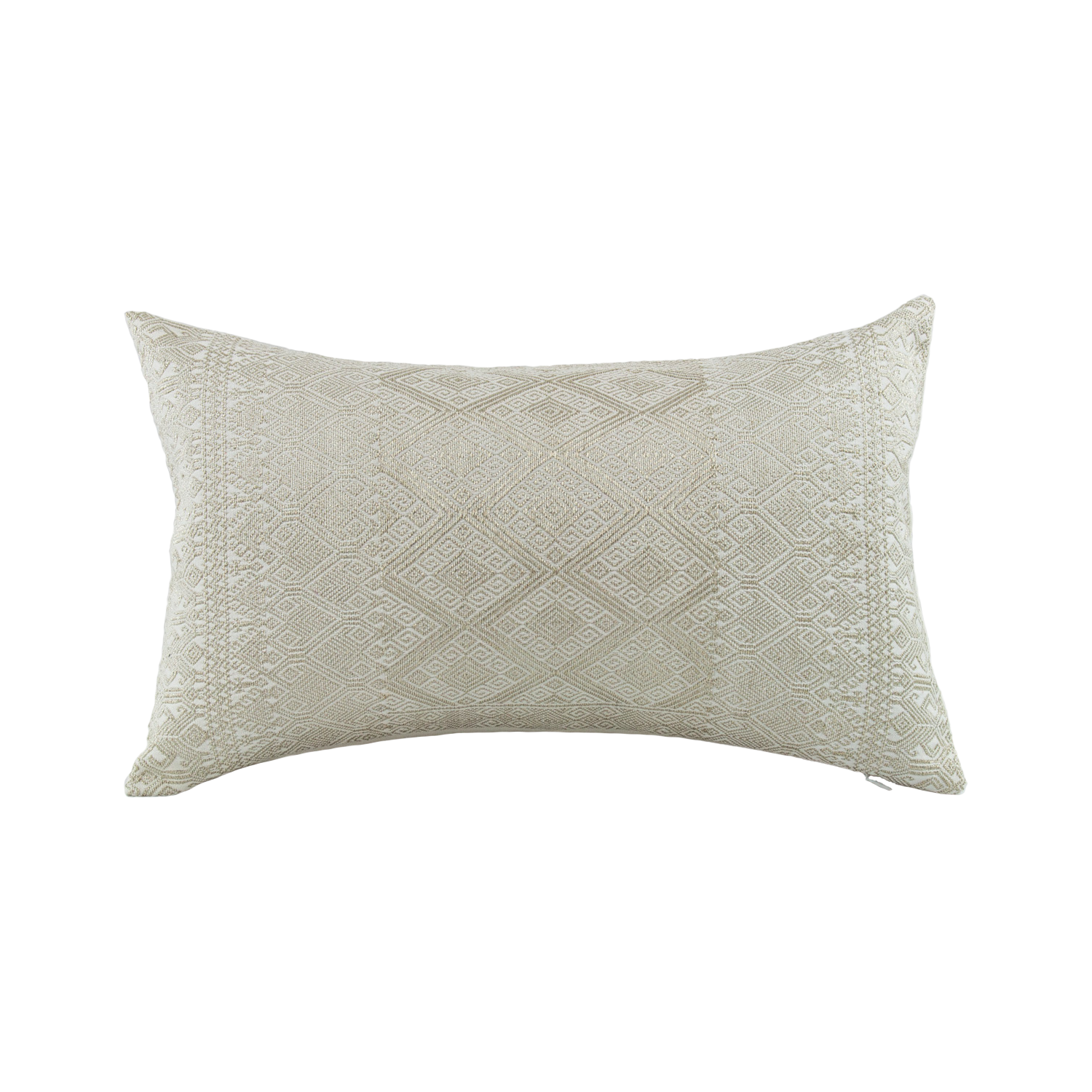 Silver Metallic Thread Diamond Brocade Chiapas Cushion, featuring a cotton base in beige, small size
