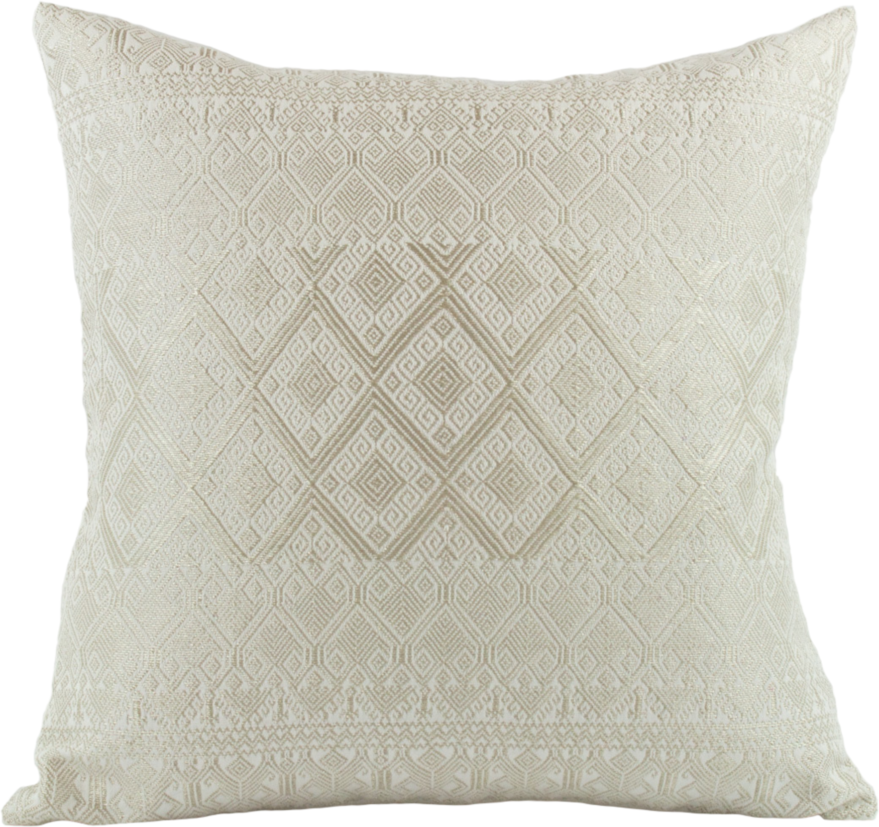 Silver Metallic Thread Diamond Brocade Chiapas Cushion, featuring a cotton base in beige