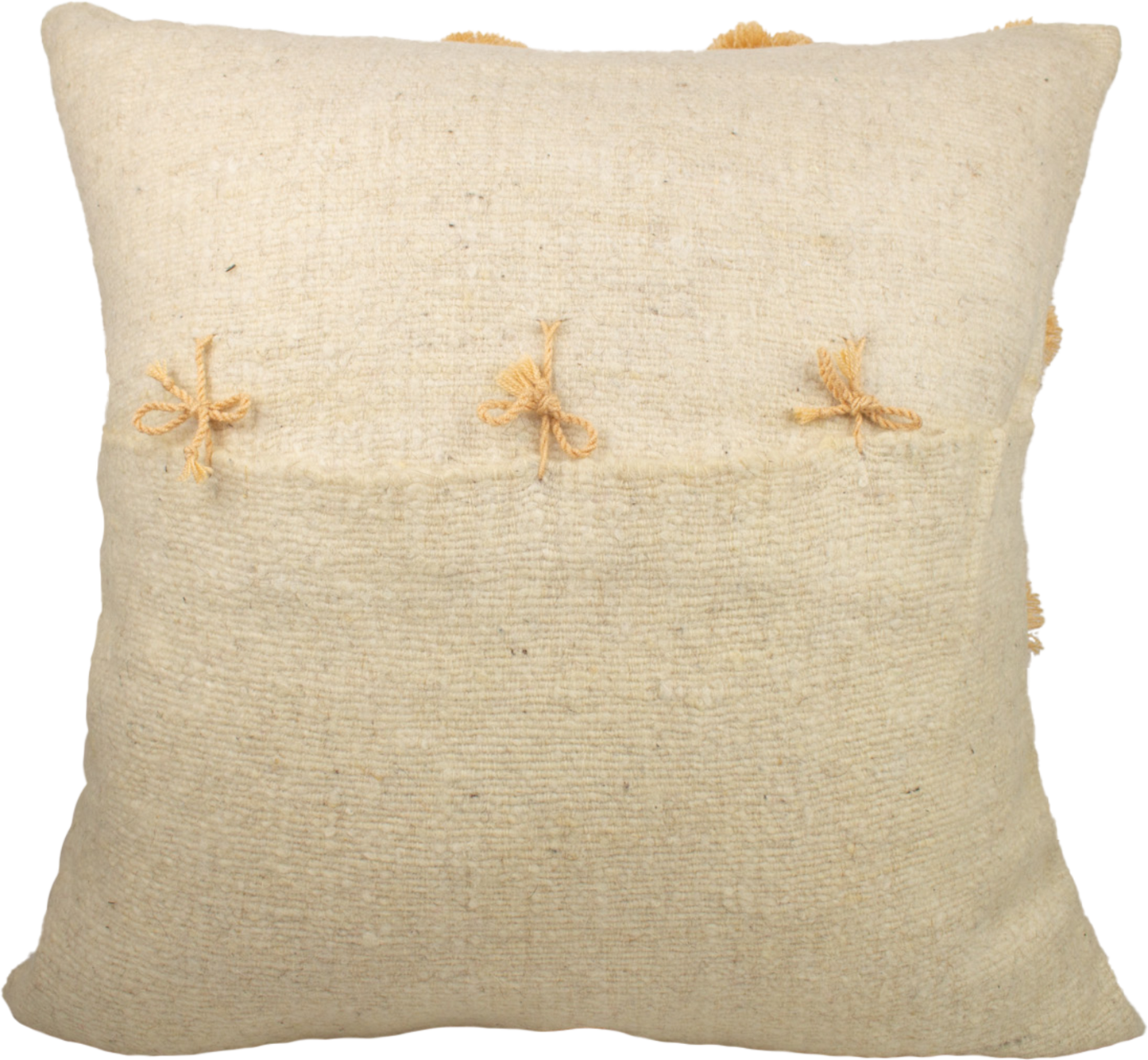 Beige Cushion crafted from 100% wool, adorned with charming pink pom poms and featuring a secure folding back with cute delicate ribbons closure.