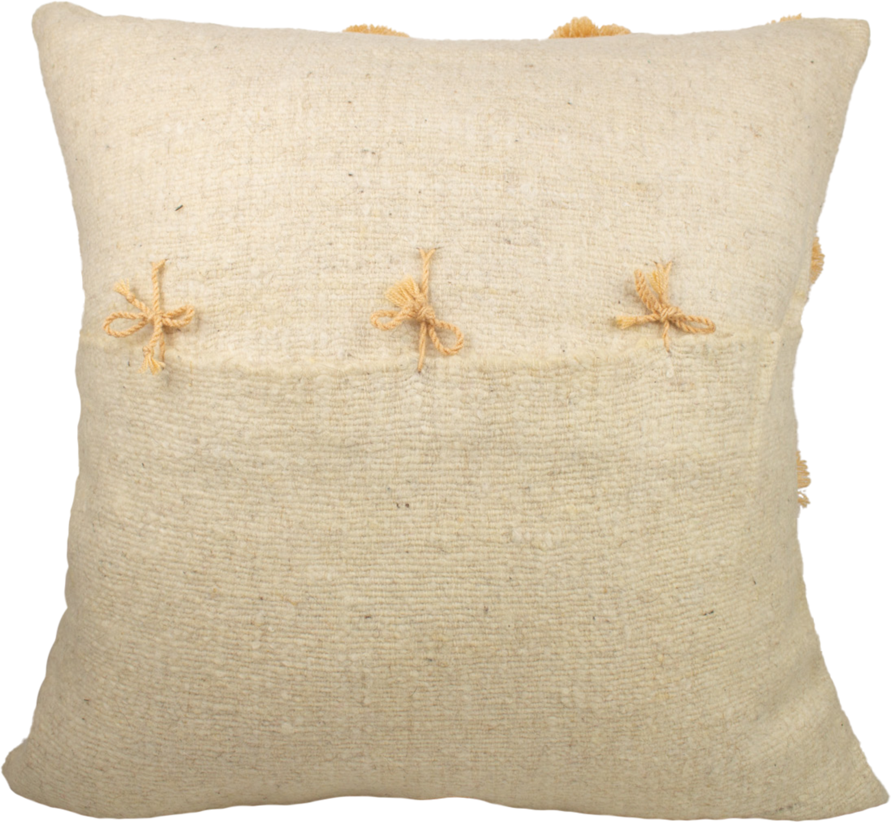 Beige Cushion crafted from 100% wool, adorned with charming pink pom poms and featuring a secure folding back with cute delicate ribbons closure.