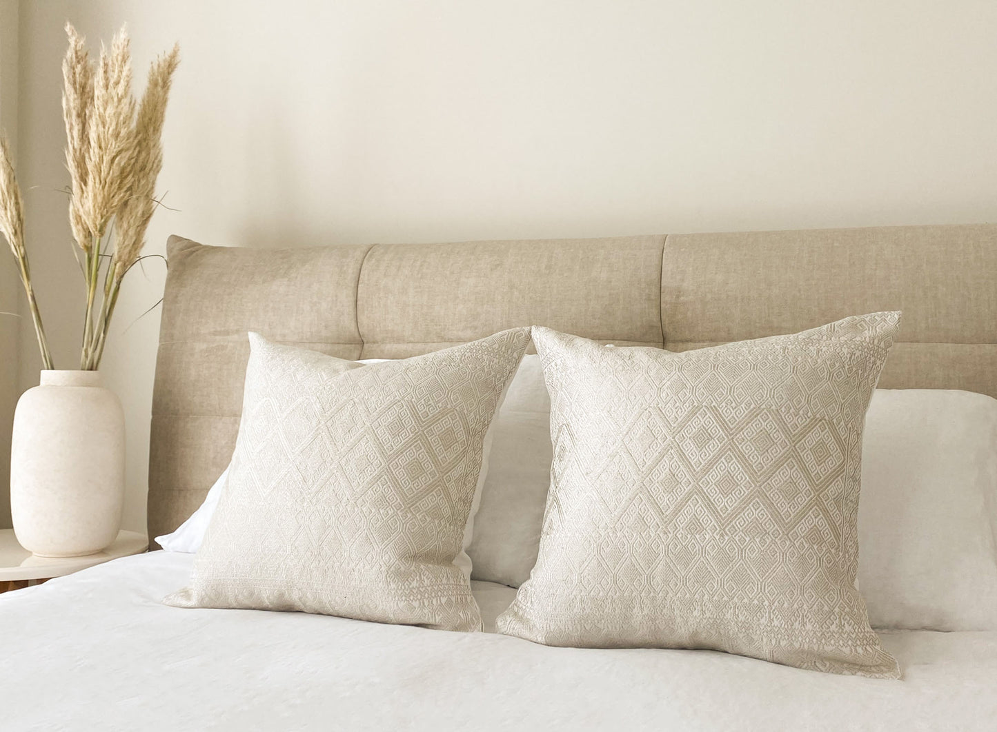Elegant Silver Metallic Thread Diamond Brocade Chiapas Cushion, enhancing the charm of a well-dressed bed.