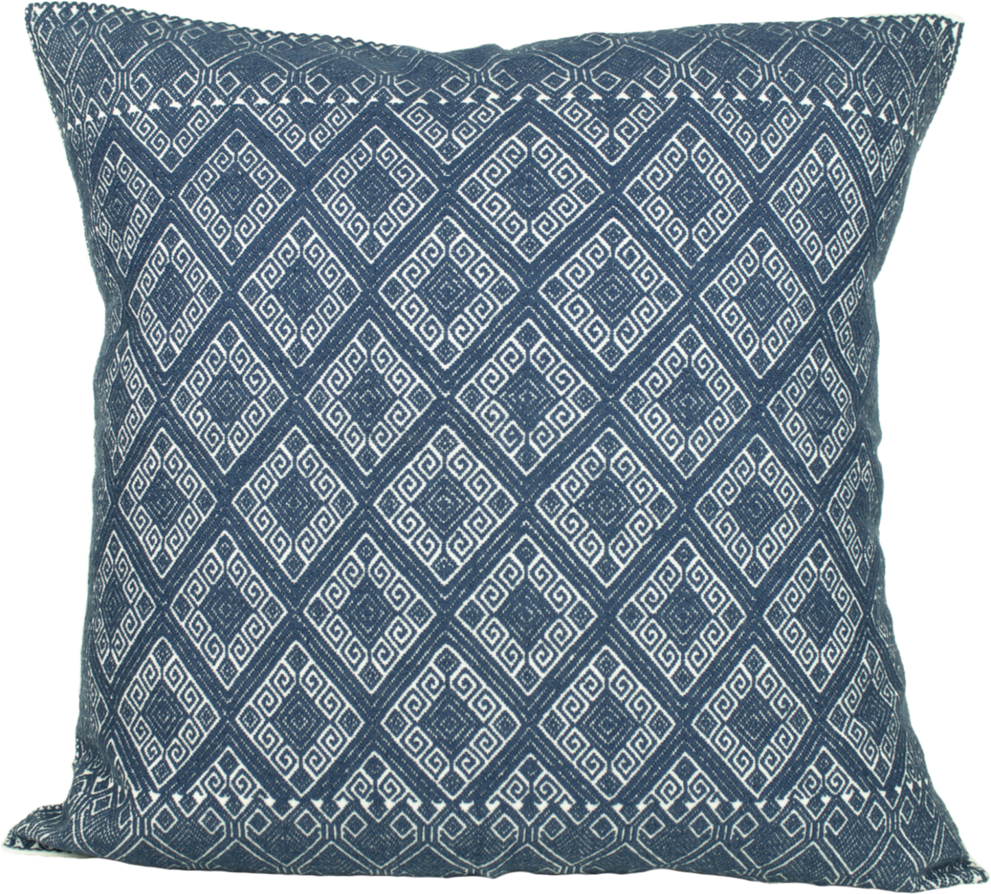 Victoria Chiapas Cushion - A white cotton cushion with a navy blue diamond pattern woven on a backstrap loom, featuring a stylish folding closure at the back.