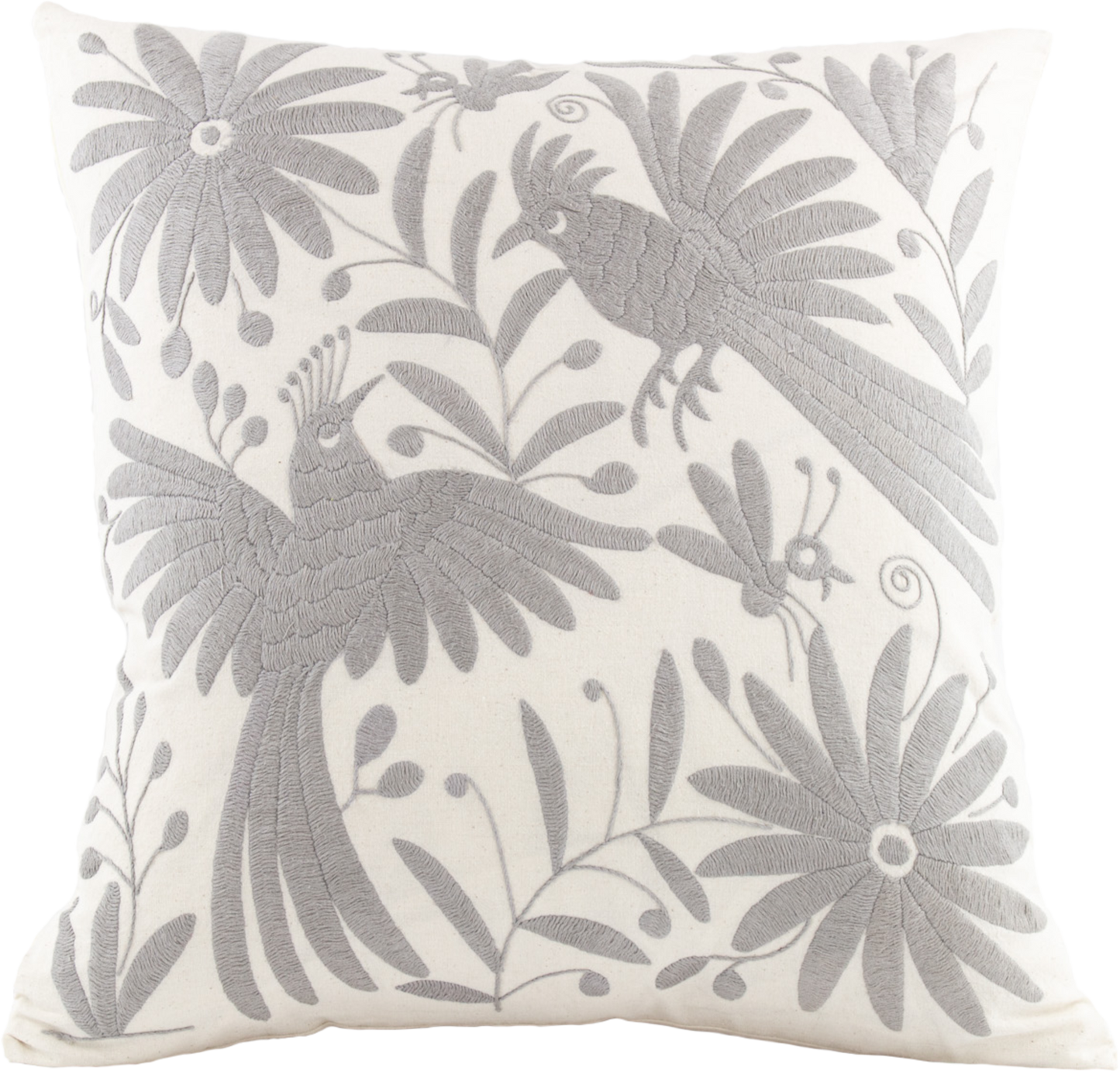 Grey Handcrafted Tenango Otomi Embroidery Cushion with Animal and Flower Designs for vibrant home decor.
