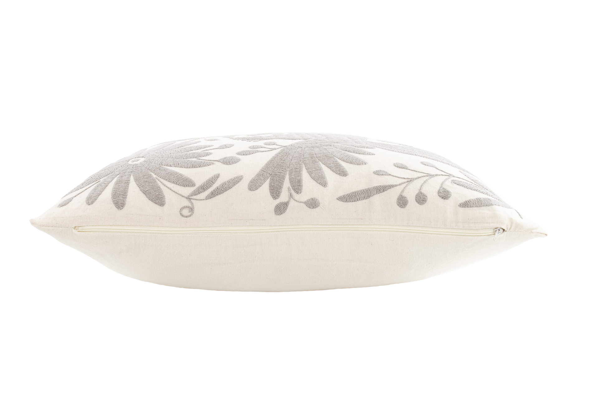 Side zipper for easy maintenance of a grey Handcrafted Tenango Otomi Embroidery Cushion with Animal and Flower Designs for vibrant home decor.