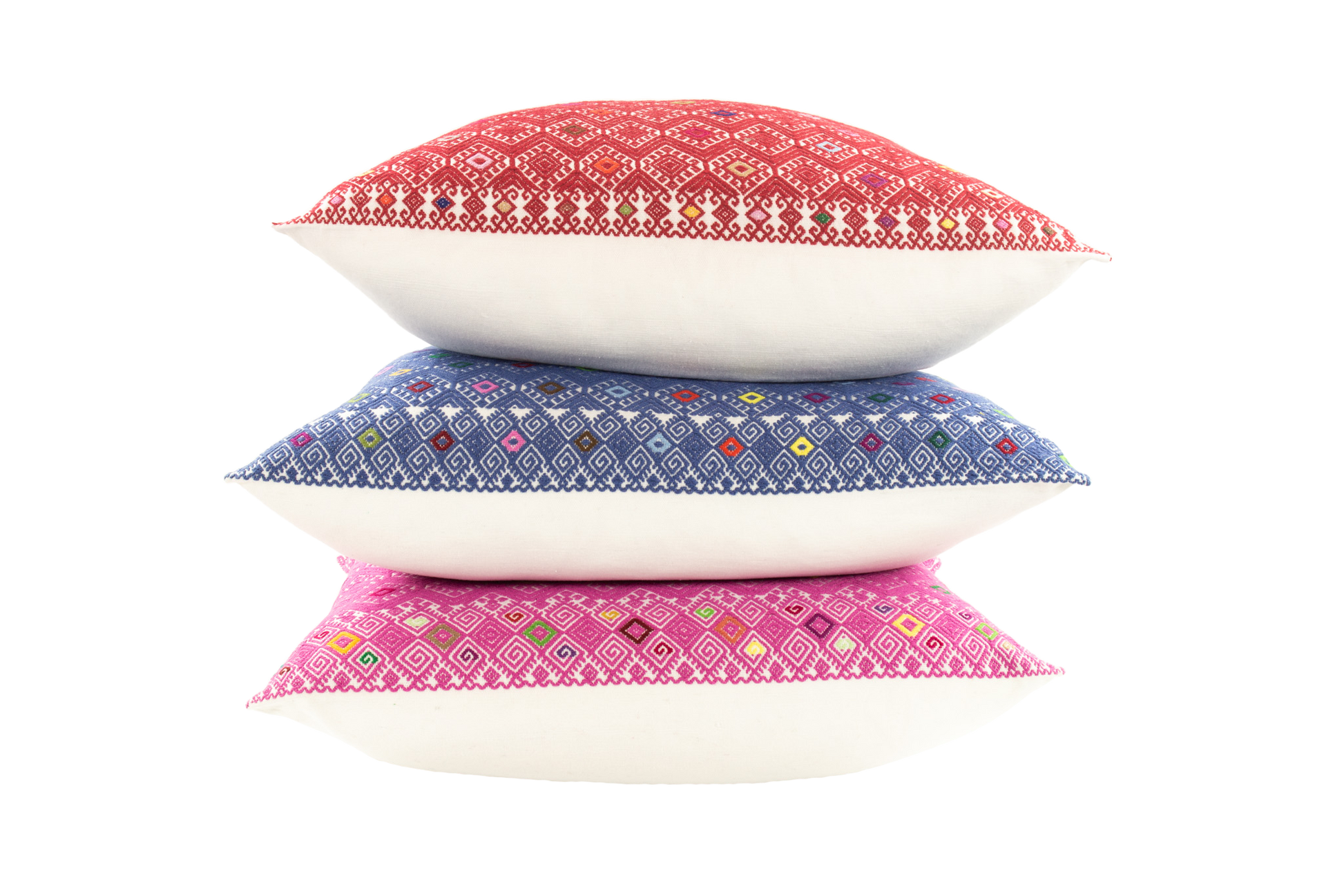 Vibrant red, blue and pink cushions with diamond brocade pattern, handcrafted for stylish home decor and interior design.