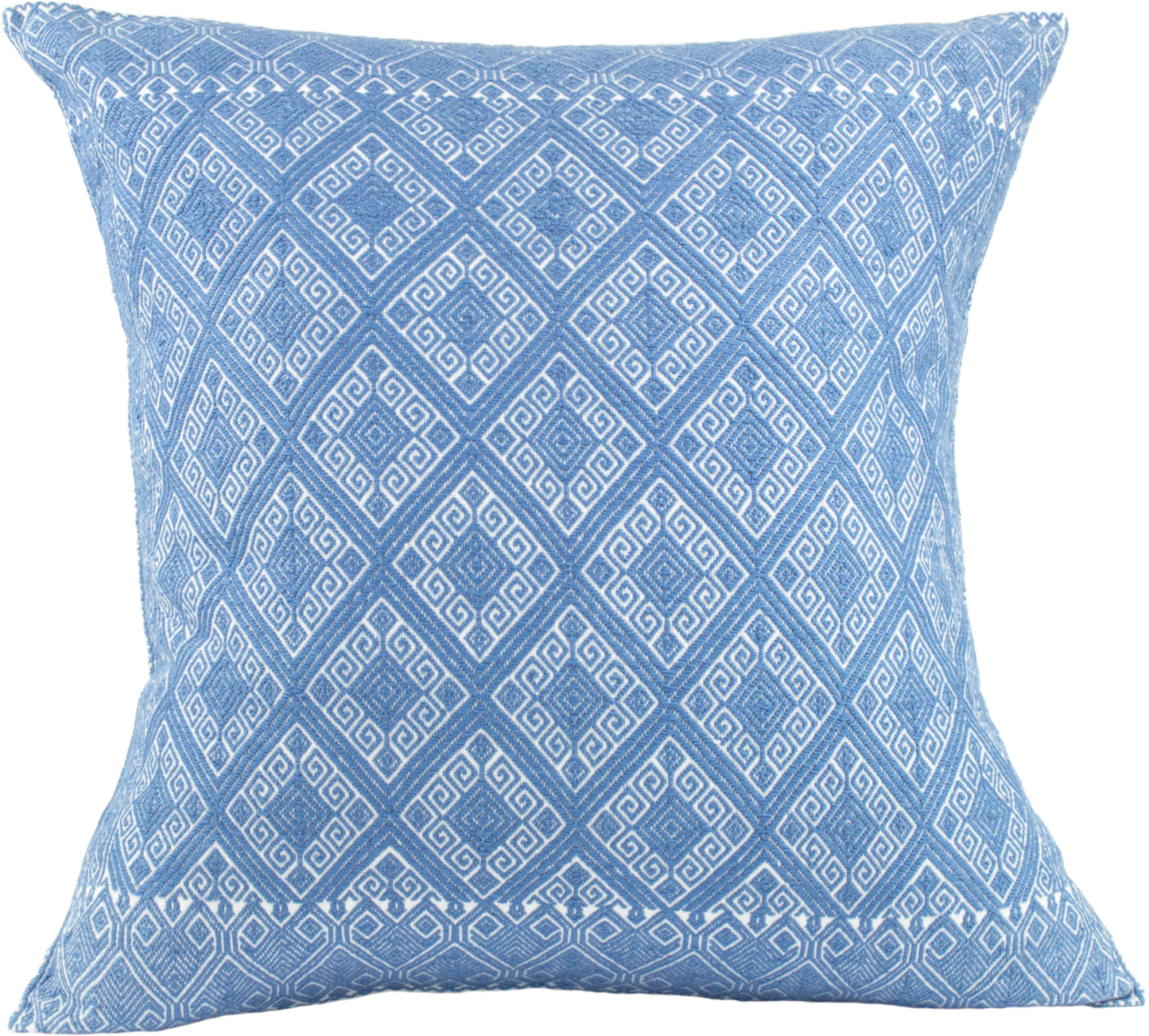 Victoria Chiapas Cushion - A white cotton cushion with a blue diamond pattern woven on a backstrap loom, featuring a stylish folding closure at the back.