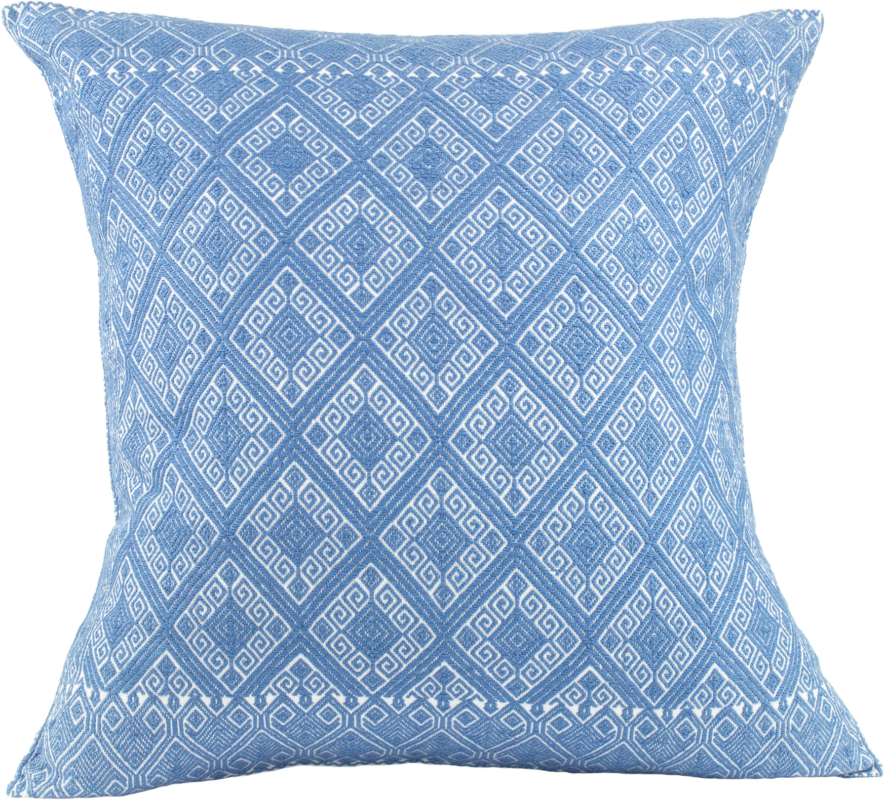 Victoria Chiapas Cushion - A white cotton cushion with a blue diamond pattern woven on a backstrap loom, featuring a stylish folding closure at the back.