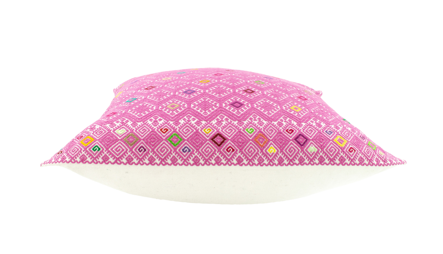 Vibrant pink cushion with diamond brocade pattern, handcrafted for stylish home decor and interior design