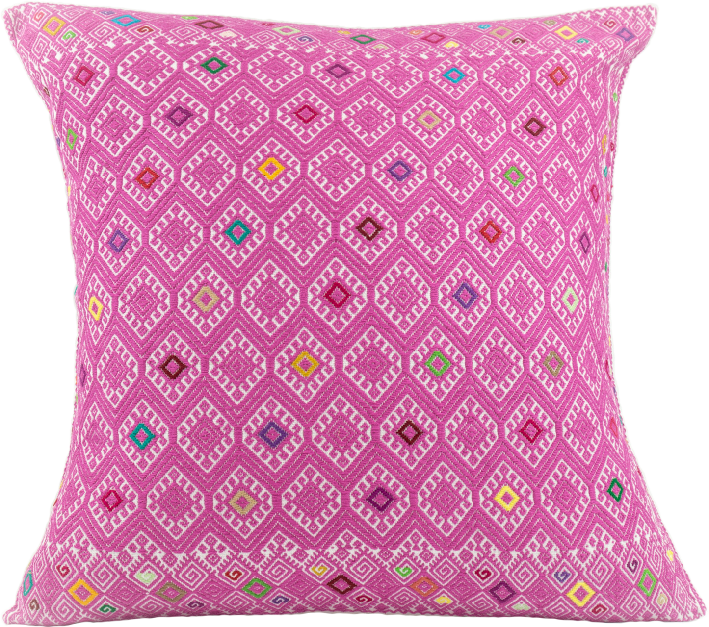 Vibrant pink cushion with diamond brocade pattern, handcrafted for stylish home decor and interior design