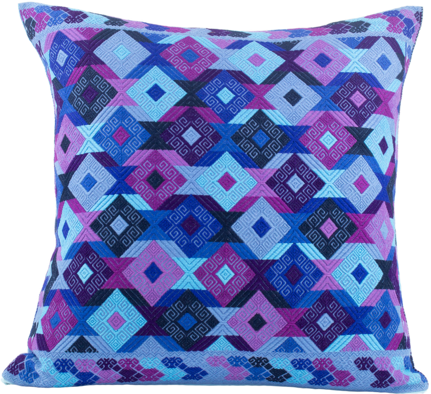 Light blue Chiapas cushion with intricate diamond shapes in vibrant colors, showcasing artisanal craftsmanship