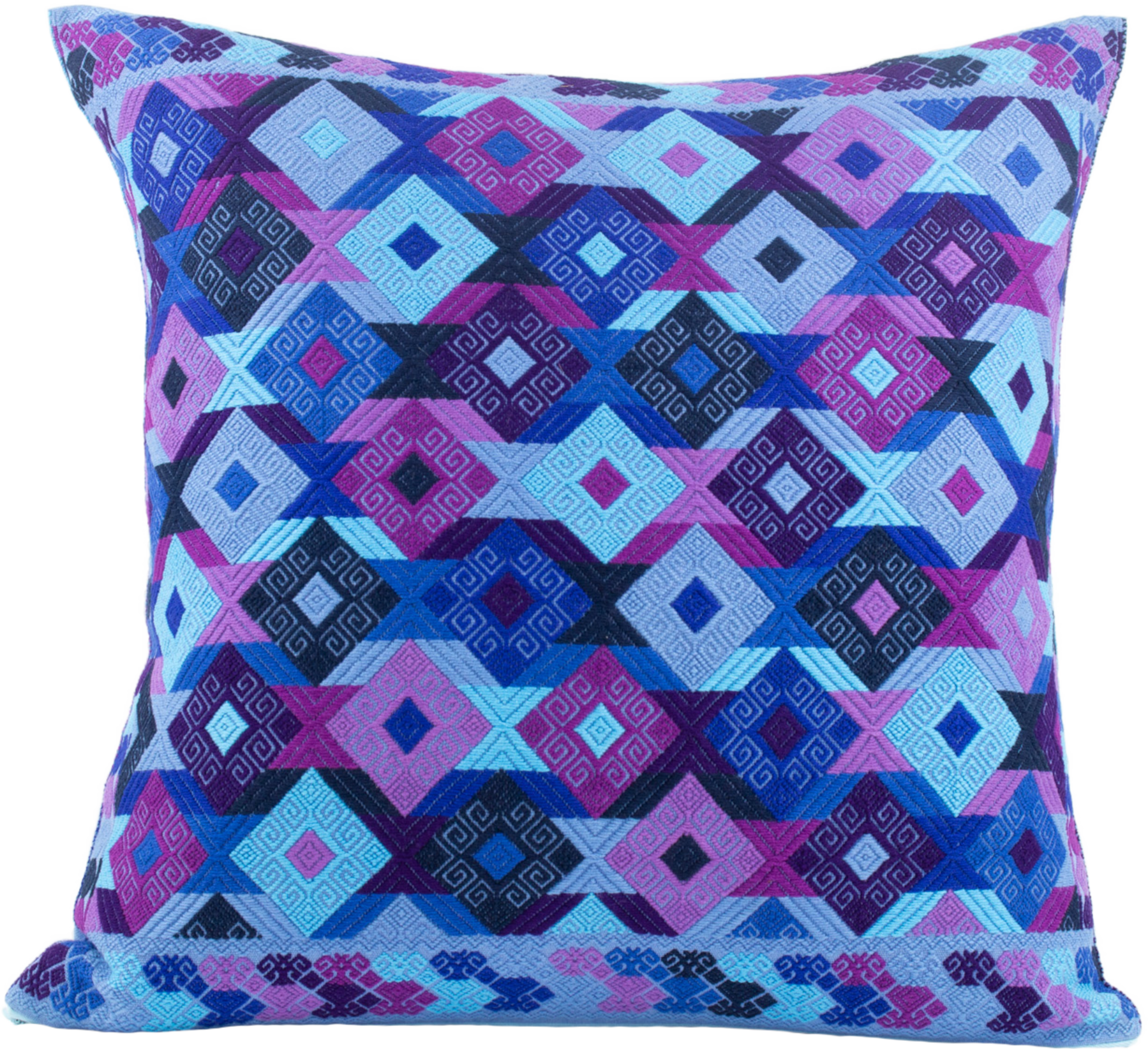 Light blue Chiapas cushion with intricate diamond shapes in vibrant colors, showcasing artisanal craftsmanship