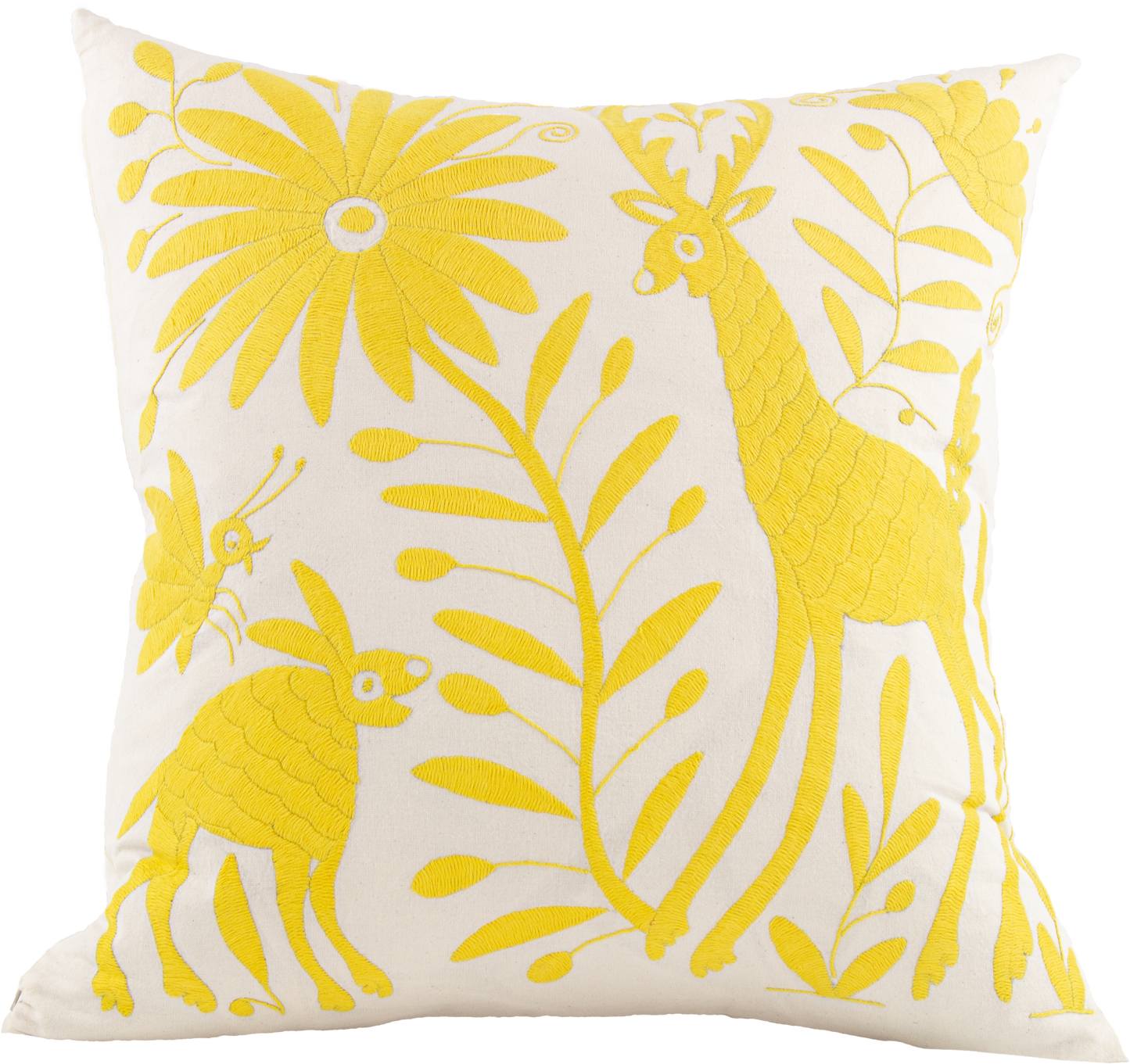Yellow Handcrafted Tenango Otomi Embroidery Cushion with Animal and Flower Designs for vibrant home decor.