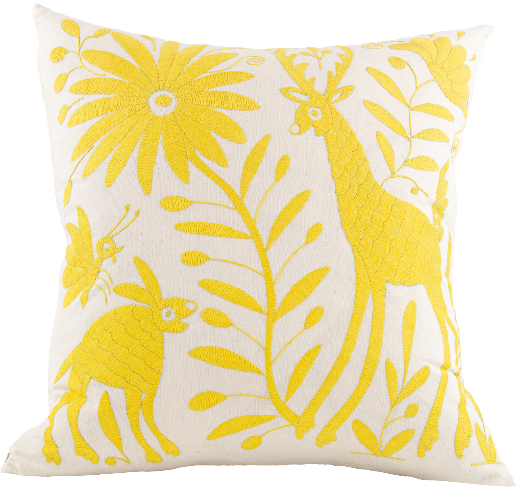 Yellow Handcrafted Tenango Otomi Embroidery Cushion with Animal and Flower Designs for vibrant home decor.