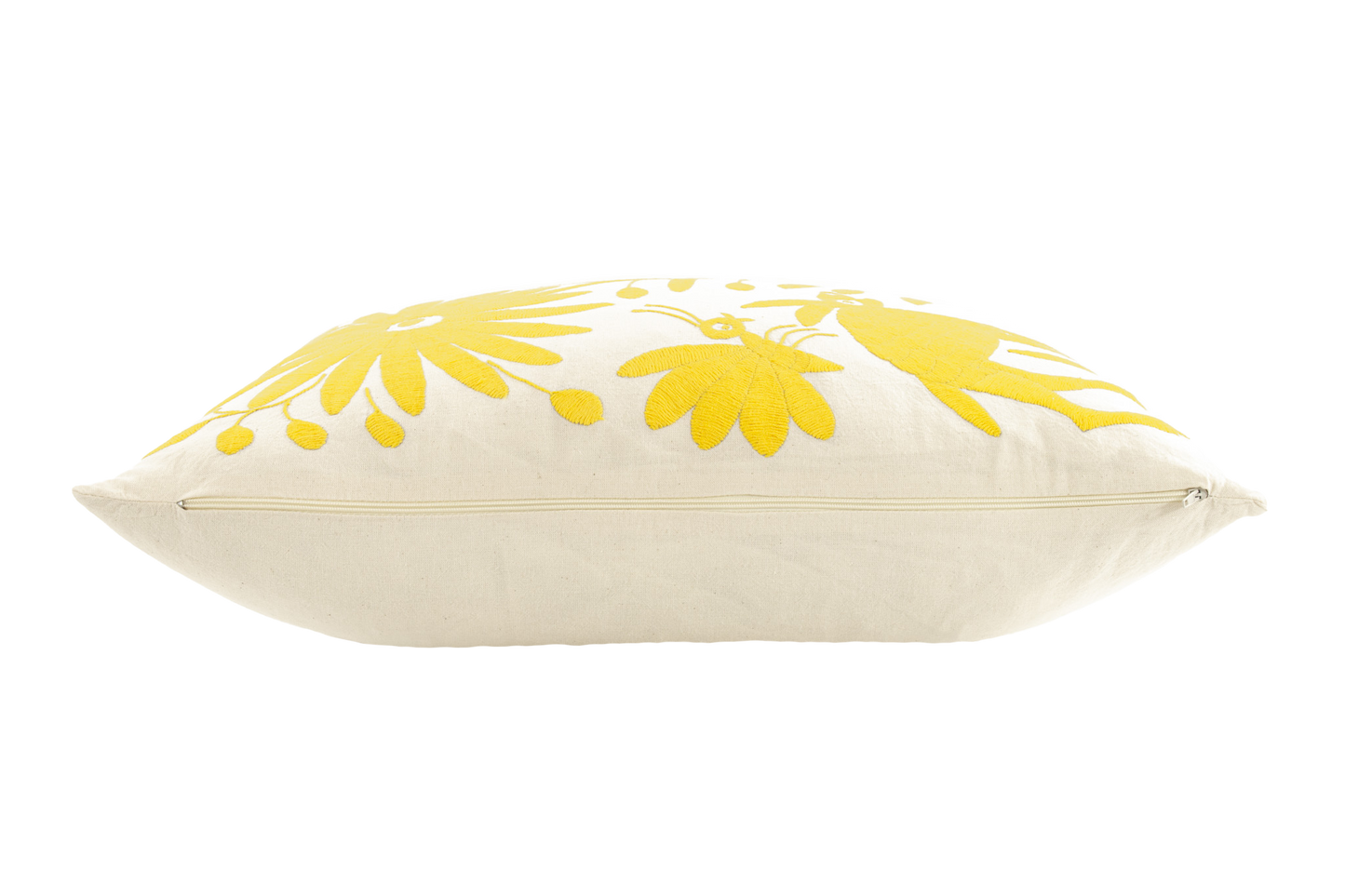 Side of a colorful Handcrafted Tenango Otomi Embroidery Cushion with Animal and Flower Designs for vibrant home decor.