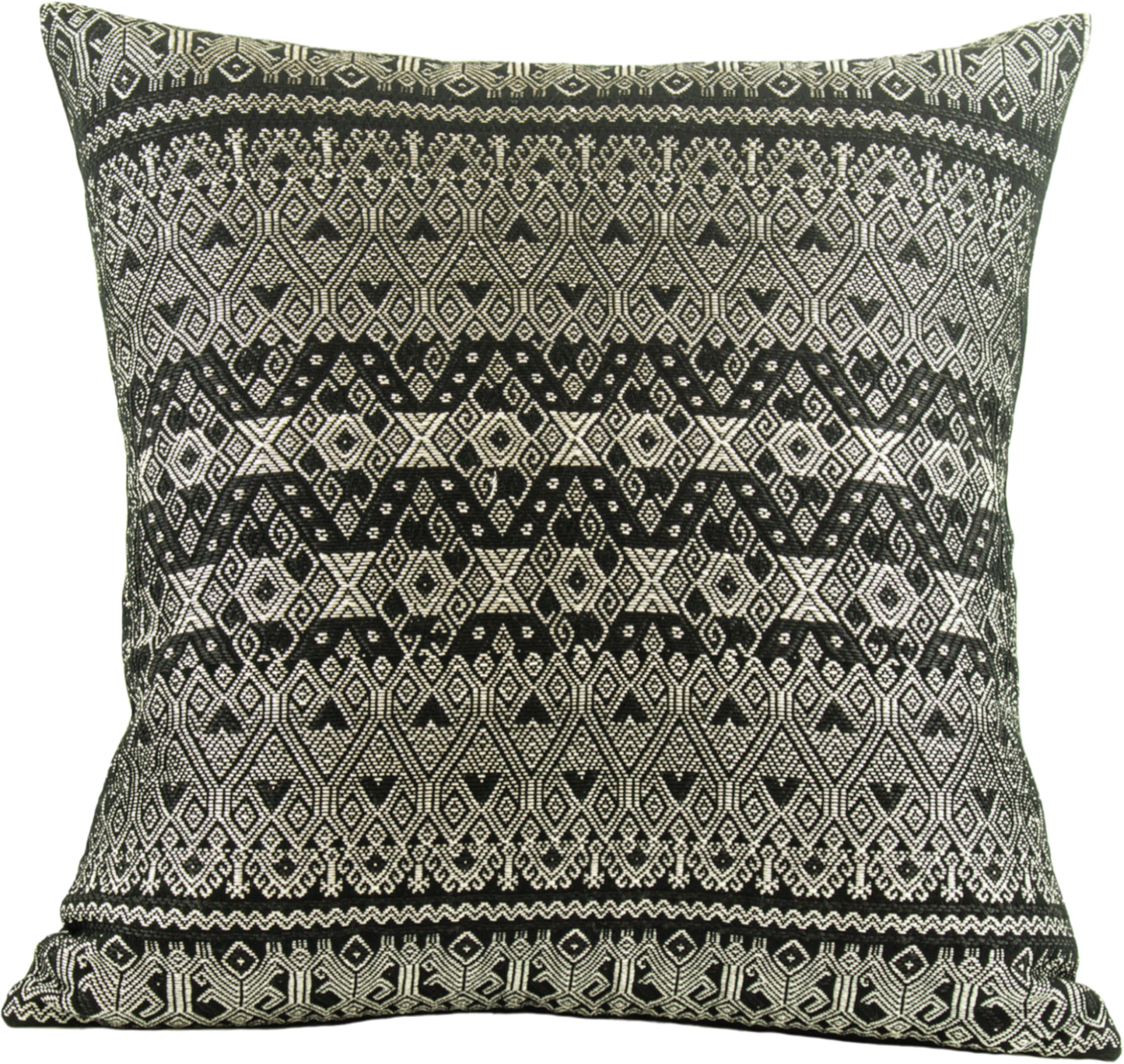 Silver metallic thread Diamond Brocade Chiapas Cushion, featuring a black cotton base.