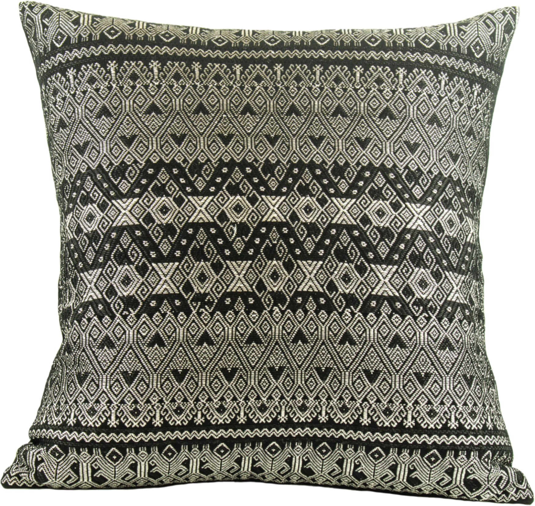 Silver metallic thread Diamond Brocade Chiapas Cushion, featuring a black cotton base.