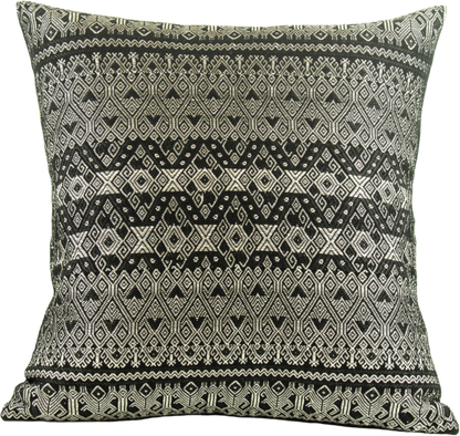 Silver metallic thread Diamond Brocade Chiapas Cushion, featuring a black cotton base.