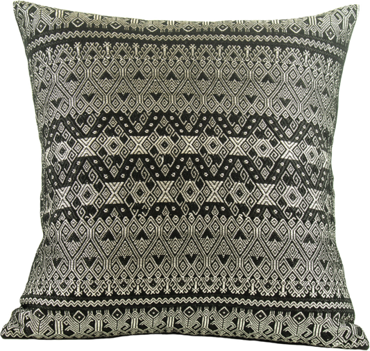 Silver metallic thread Diamond Brocade Chiapas Cushion, featuring a black cotton base.