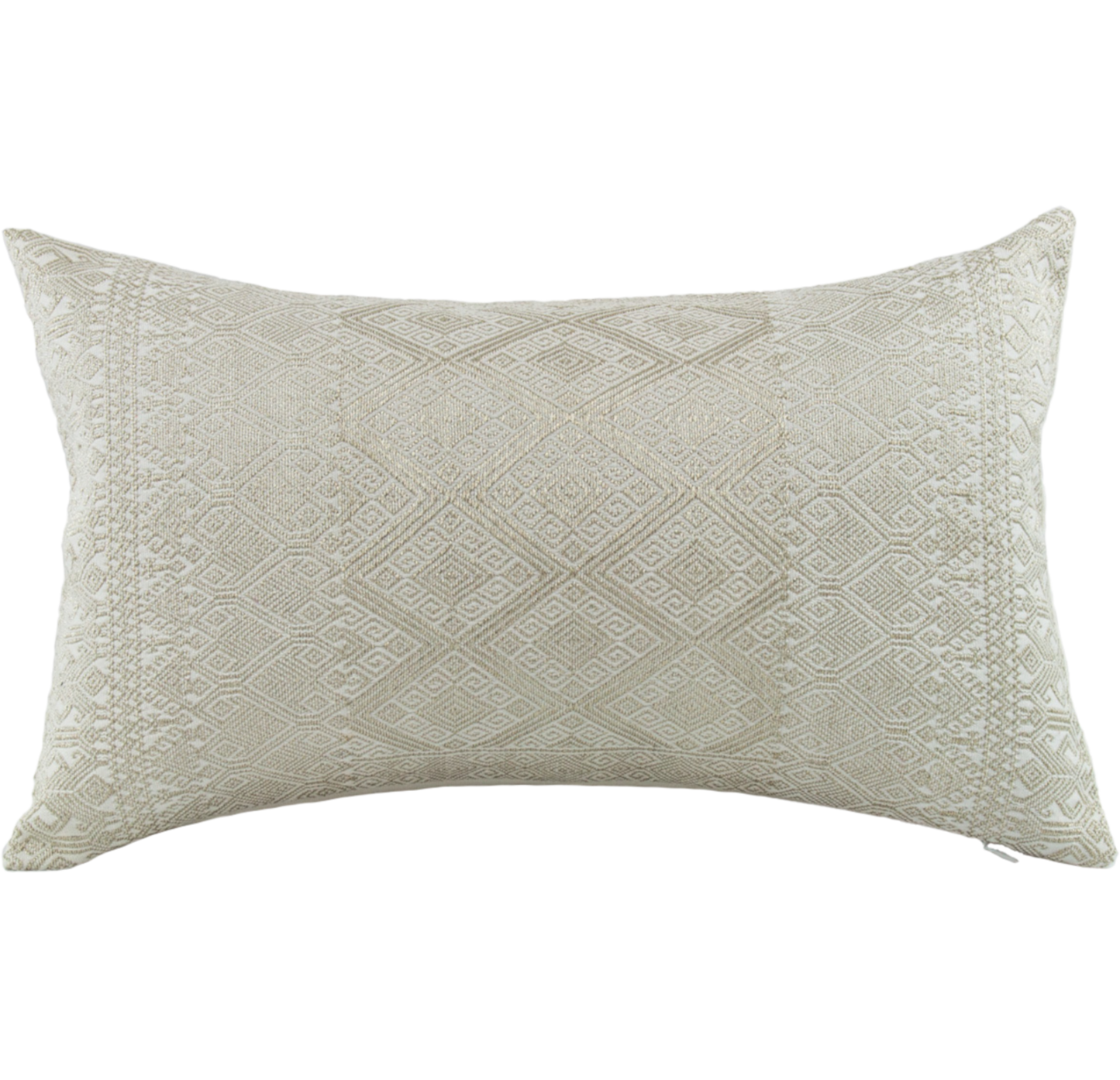 Silver Metallic Thread Diamond Brocade Chiapas Cushion, featuring a cotton base in beige, small size