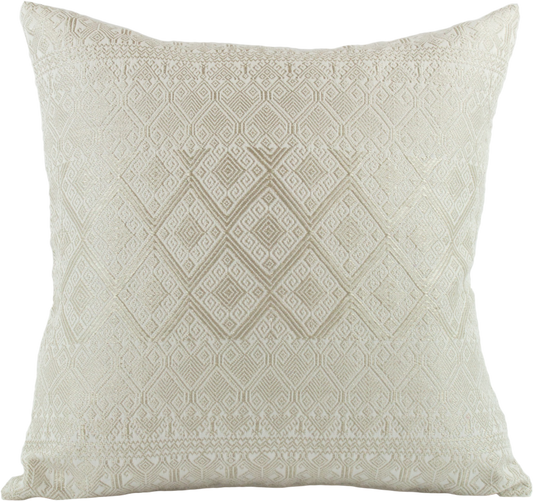 Silver Metallic Thread Diamond Brocade Chiapas Cushion, featuring a cotton base in beige