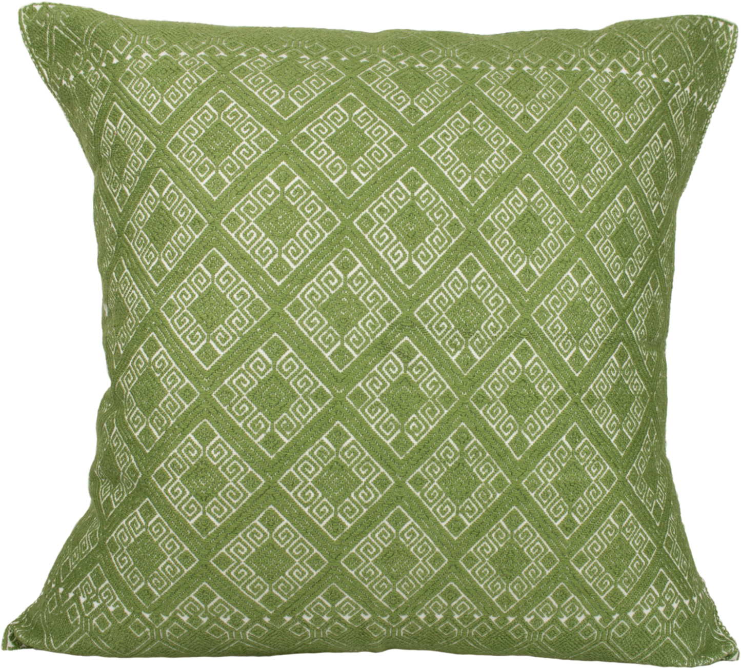 Victoria Chiapas Cushion - A white cotton cushion with a green diamond pattern woven on a backstrap loom, featuring a stylish folding closure at the back.