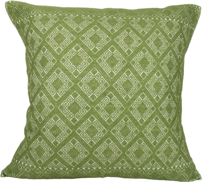 Victoria Chiapas Cushion - A white cotton cushion with a green diamond pattern woven on a backstrap loom, featuring a stylish folding closure at the back.