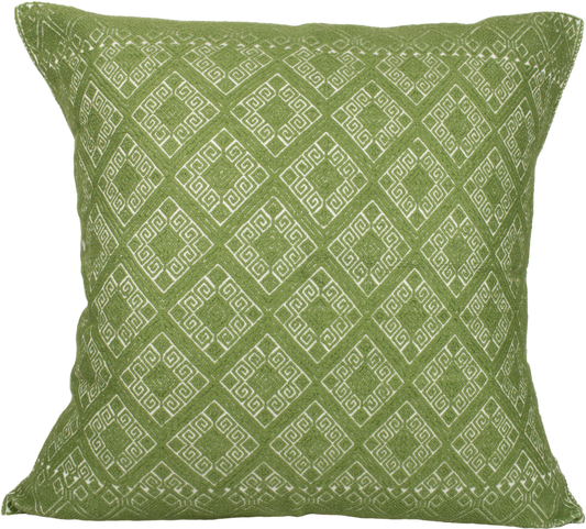 Victoria Chiapas Cushion - A white cotton cushion with a green diamond pattern woven on a backstrap loom, featuring a stylish folding closure at the back.