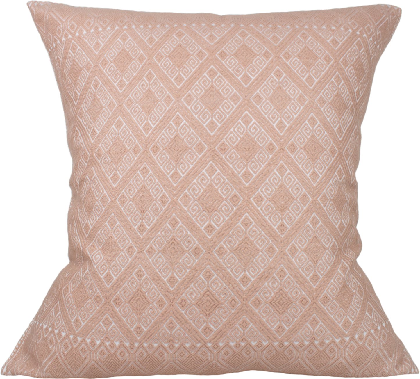 Victoria Chiapas Cushion - A white cotton cushion with a pink diamond pattern woven on a backstrap loom, featuring a stylish folding closure at the back.