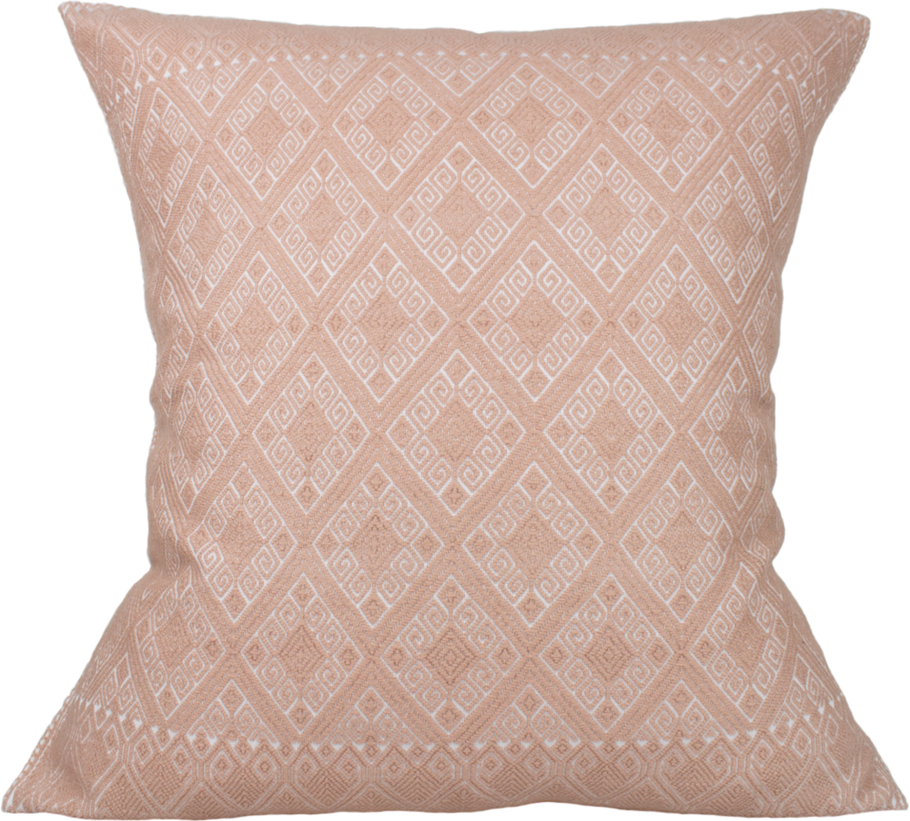 Victoria Chiapas Cushion - A white cotton cushion with a pink diamond pattern woven on a backstrap loom, featuring a stylish folding closure at the back.