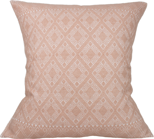 Victoria Chiapas Cushion - A white cotton cushion with a pink diamond pattern woven on a backstrap loom, featuring a stylish folding closure at the back.