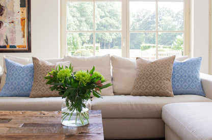 Victoria Chiapas Cushion - white cotton cushion with a beige diamond pattern woven, elevating living room decor.