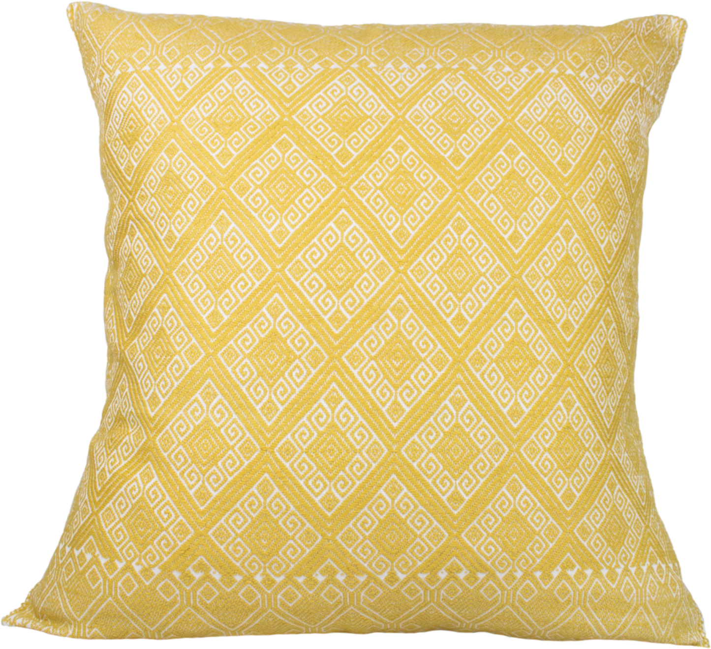 Victoria Chiapas Cushion - A white cotton cushion with a yellow diamond pattern woven on a backstrap loom, featuring a stylish folding closure at the back.