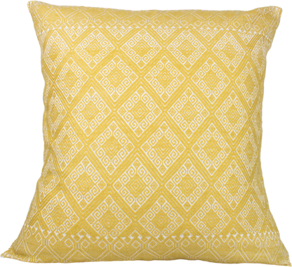 Victoria Chiapas Cushion - A white cotton cushion with a yellow diamond pattern woven on a backstrap loom, featuring a stylish folding closure at the back.