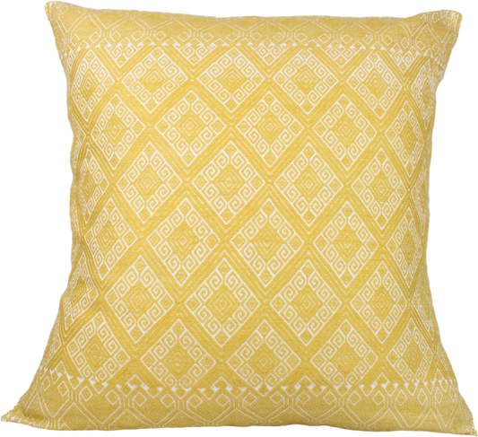 Victoria Chiapas Cushion - A white cotton cushion with a yellow diamond pattern woven on a backstrap loom, featuring a stylish folding closure at the back.