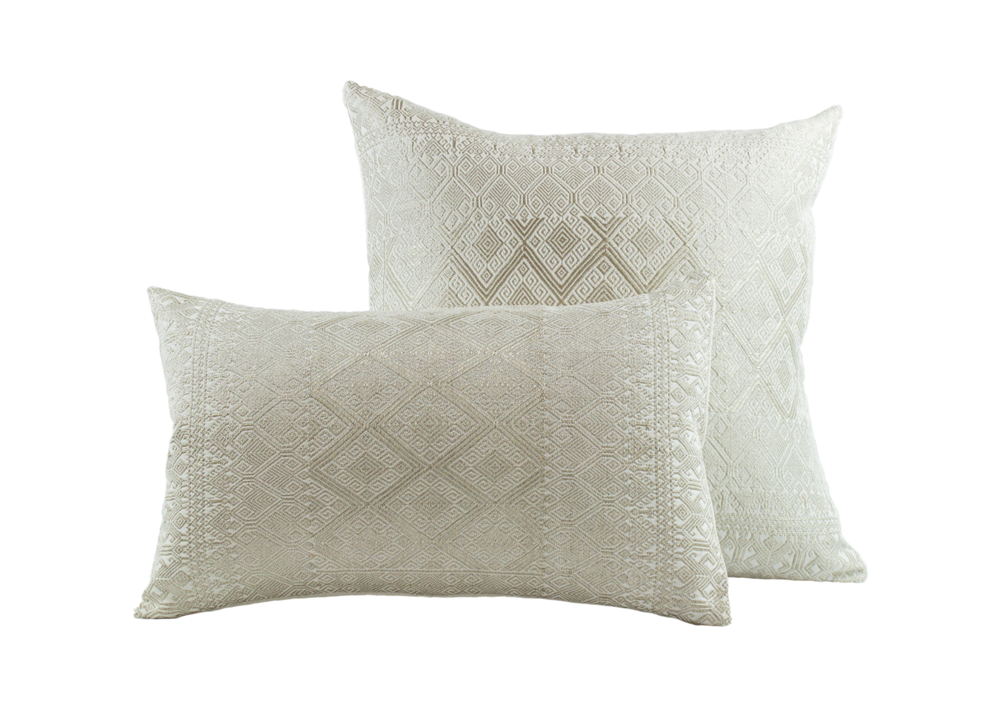 Silver Metallic Thread Diamond Brocade Chiapas Cushion, featuring a cotton base in beige, two sizes