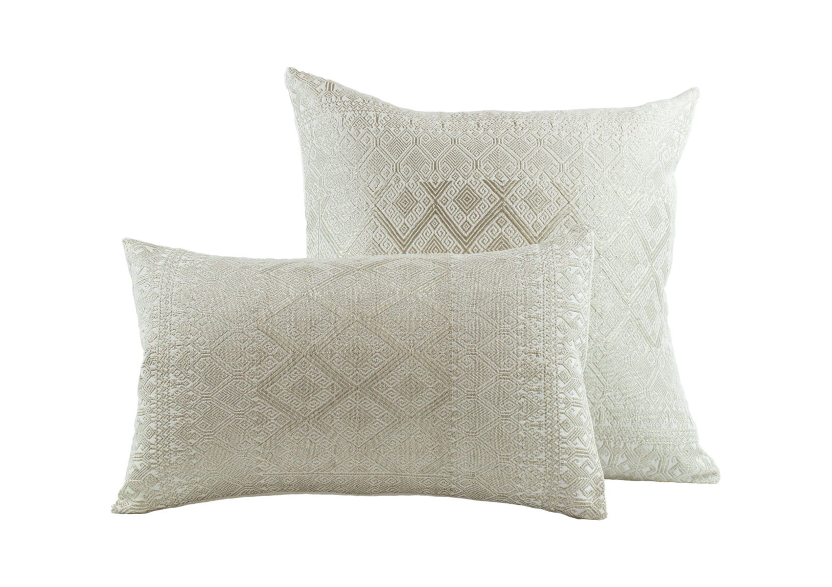 Silver Metallic Thread Diamond Brocade Chiapas Cushion, featuring a cotton base in beige, two sizes