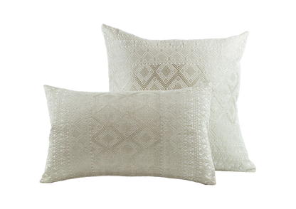 Silver Metallic Thread Diamond Brocade Chiapas Cushion, featuring a cotton base in beige, two sizes