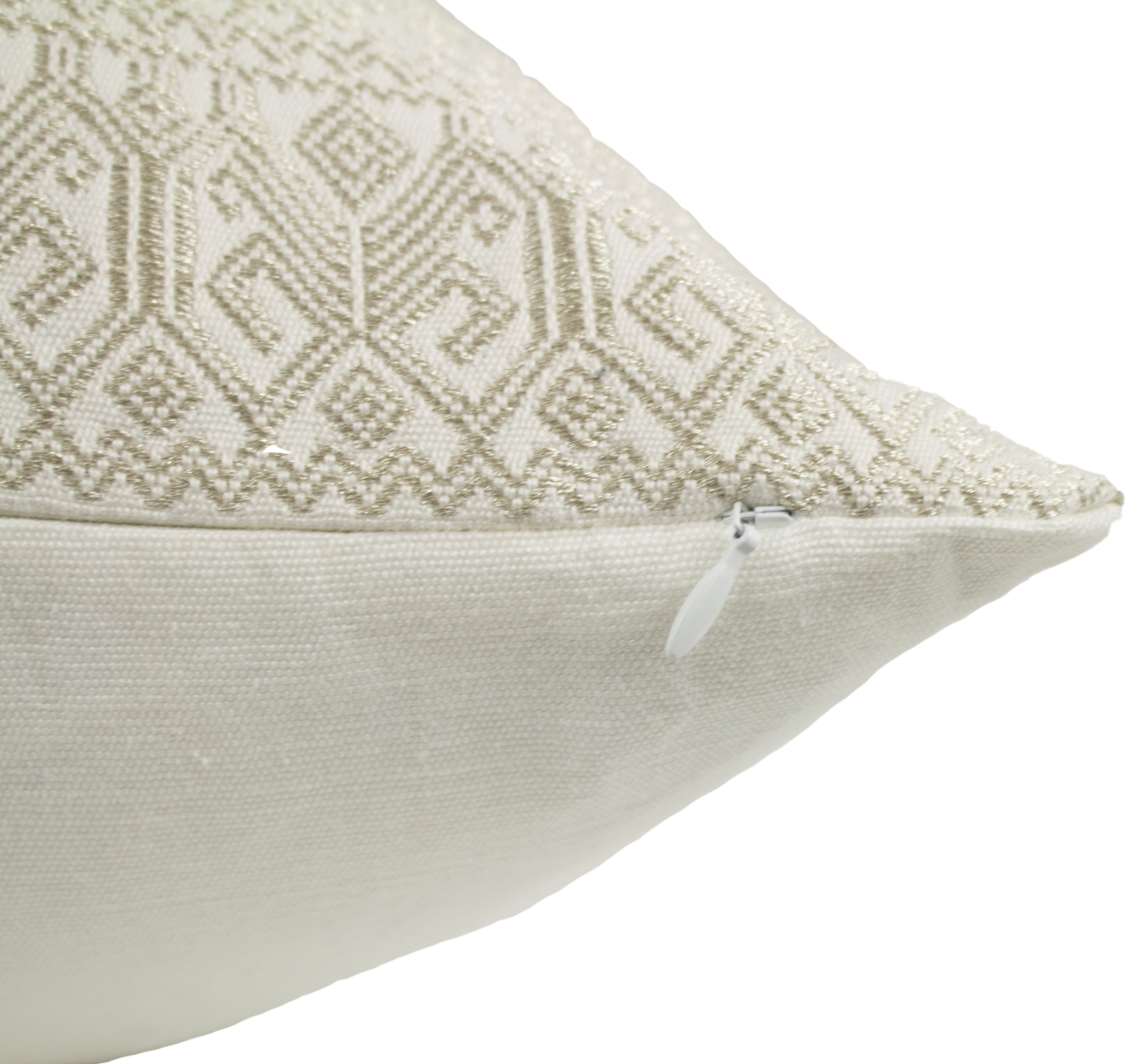 Silver Metallic Thread Diamond Brocade Chiapas Cushion, featuring a cotton base in beige, small size, with elegant zipper