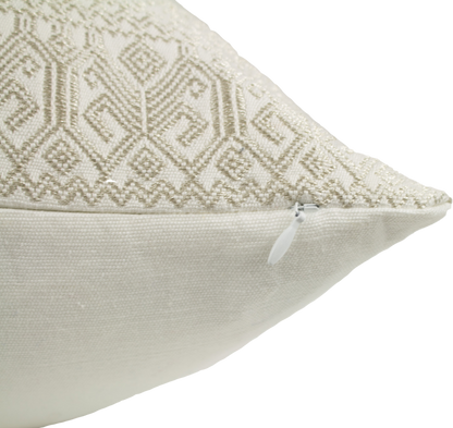 Silver Metallic Thread Diamond Brocade Chiapas Cushion, featuring a cotton base in beige, small size, with elegant zipper