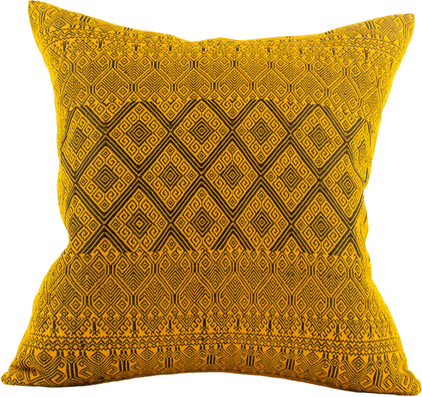 Black Metallic Thread Diamond Brocade Chiapas Cushion, featuring a cotton base in a deep shade of yellow