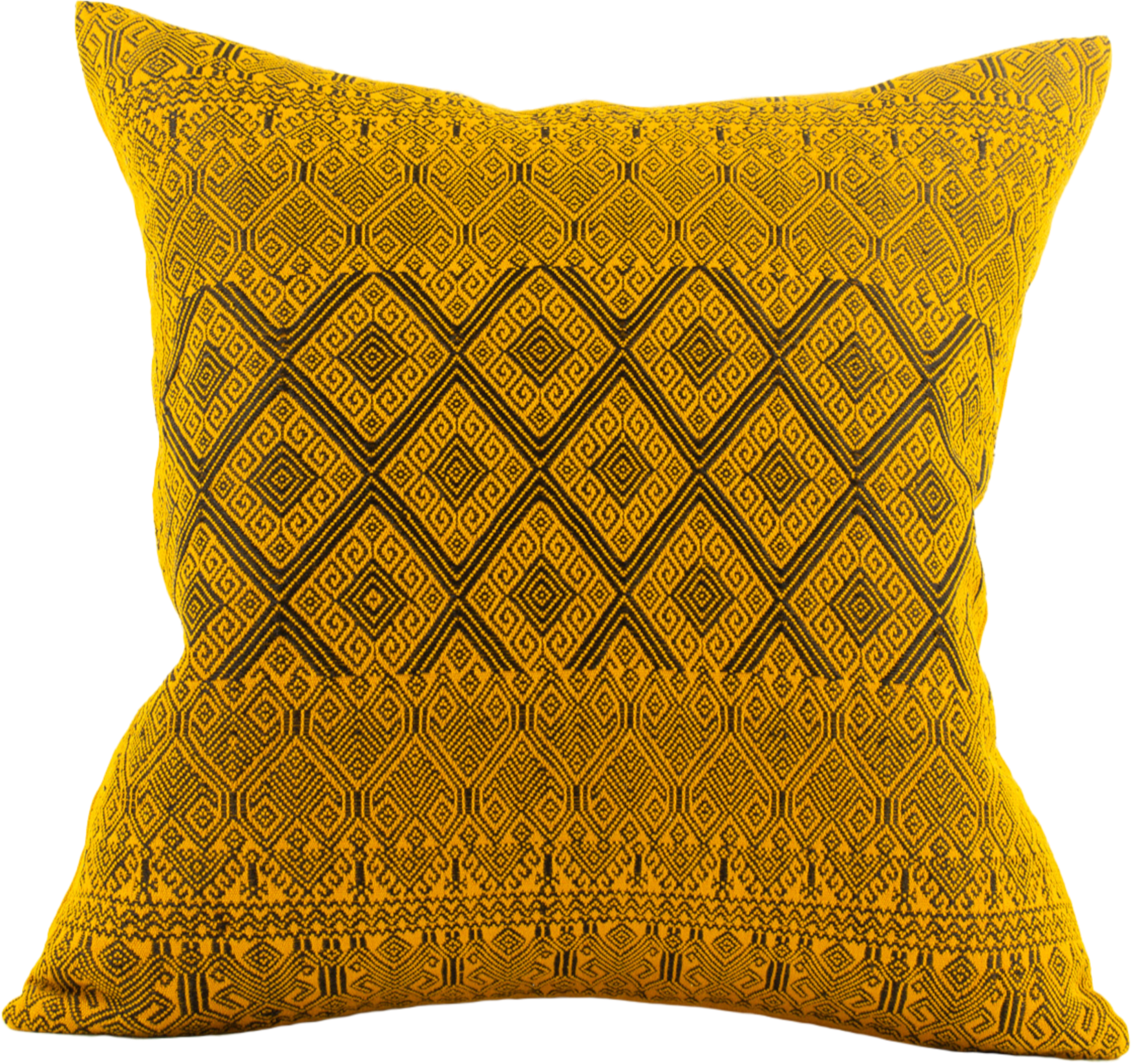 Black Metallic Thread Diamond Brocade Chiapas Cushion, featuring a cotton base in a deep shade of yellow