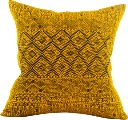 Black Metallic Thread Diamond Brocade Chiapas Cushion, featuring a cotton base in a deep shade of yellow