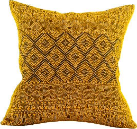 Black Metallic Thread Diamond Brocade Chiapas Cushion, featuring a cotton base in a deep shade of yellow