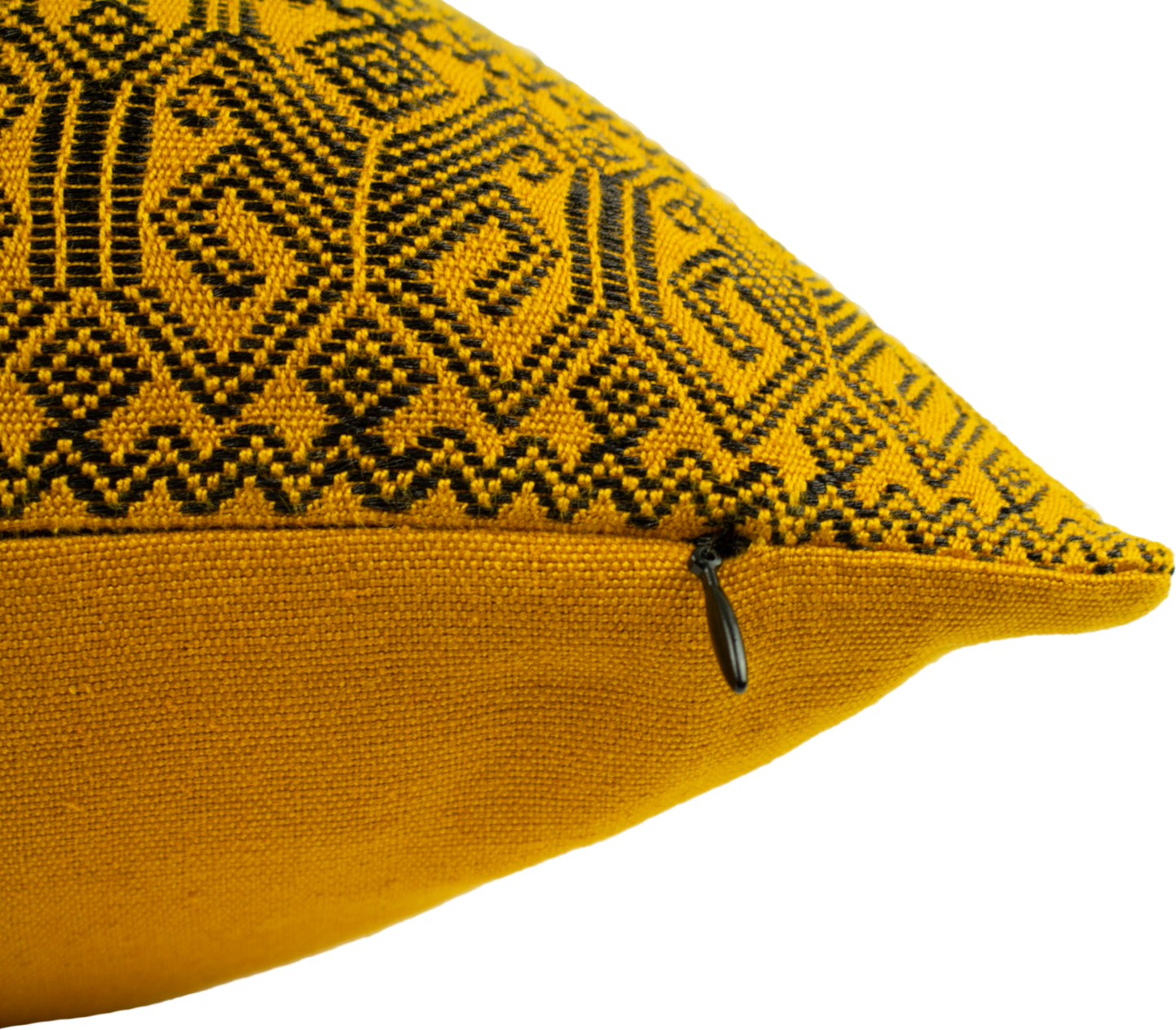 Black Metallic Thread Diamond Brocade Chiapas Cushion, featuring a cotton base in a deep shade of yellow, with elegant hidden zipper.