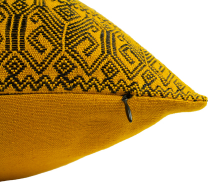 Black Metallic Thread Diamond Brocade Chiapas Cushion, featuring a cotton base in a deep shade of yellow, with elegant hidden zipper.