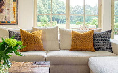 Black Metallic Thread Diamond Brocade Chiapas Cushion, featuring a cotton base in a deep shade of yellow elevating living room decor