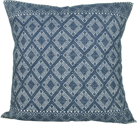 Victoria Chiapas Cushion - A white cotton cushion with a navy blue diamond pattern woven on a backstrap loom, featuring a stylish folding closure at the back.