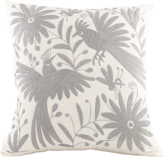 Grey Handcrafted Tenango Otomi Embroidery Cushion with Animal and Flower Designs for vibrant home decor.