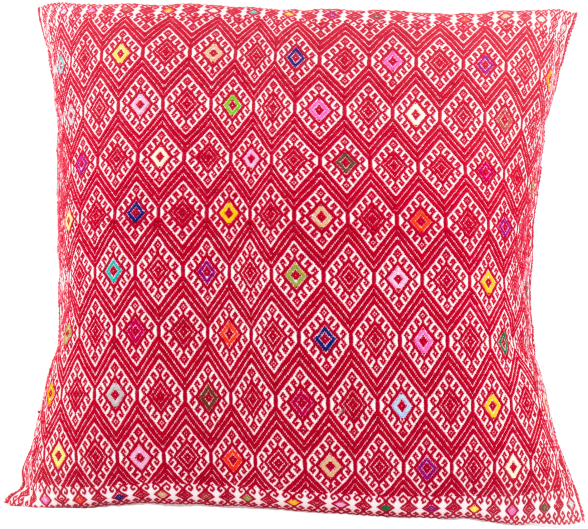 Vibrant red cushion, diamond brocade pattern with vibrant hues, handcrafted for stylish home decor and interior design